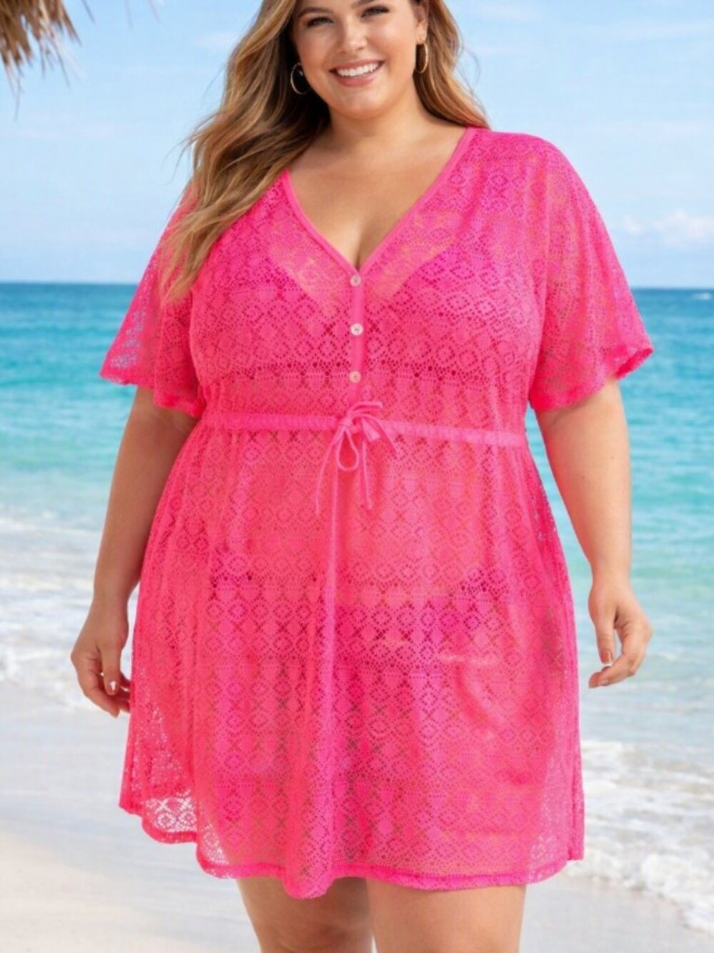 Assh Sport Wear Barbie Pink Lace Beach Cover-Up 3X Boho Resort Beach Vacation